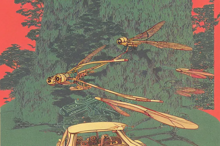 Image similar to gigantic dragonflies catch tiny cars, a lot of exotic mechas robots around, heads are all over the ground, acid and dreaming psychedelic hallucinations, risograph by kawase hasui, dirtyrobot, edward hopper, satoshi kon and moebius, colorful flat surreal design, super - detailed, a lot of tiny details, fullshot