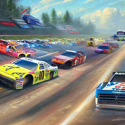 Prompt: nascar race, painting in the style of thomas kinkade and Jeff Easley, digital art, photoshop, trending on artstation