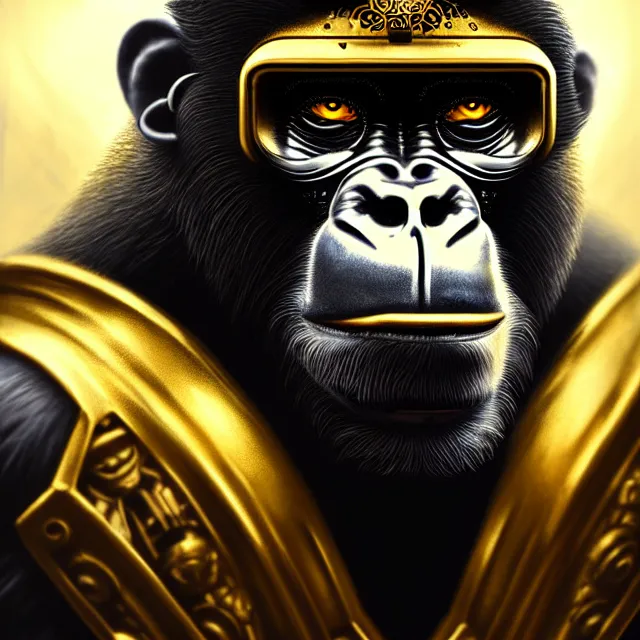 Prompt: beautiful closeup portrait of a cybernetic gorilla monkey cyborg with golden ornate armor, centered face, atmospheric lighting, intricate, volumetric lighting, beautiful, sharp focus, ultra detailed, in the art style of bowater, charlie, brom, gerald, with cyberpunk city in the background, astrophotography