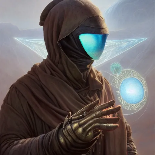 Image similar to masked nomad male wearing a cloak on an alien world and holding a holographic planet projection in his hand, detailed, sci - fi, digital painting, artstation, sharp focus, illustration, ominous, artgerm, tomasz alen kopera, peter mohrbacher, donato giancola, joseph christian leyendecker, wlop, frank frazetta