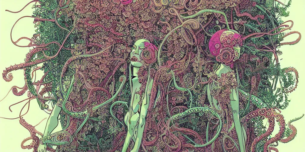 Image similar to risograph grainy drawing vintage sci - fi, antagonist girl, moebius color palette, face covered with plants and flowers, wearing futuristic scaphander with lot of vires and tentacles, exotic plants around and on the background, parking lot, painting by moebius and satoshi kon and dirk dzimirsky close - up portrait