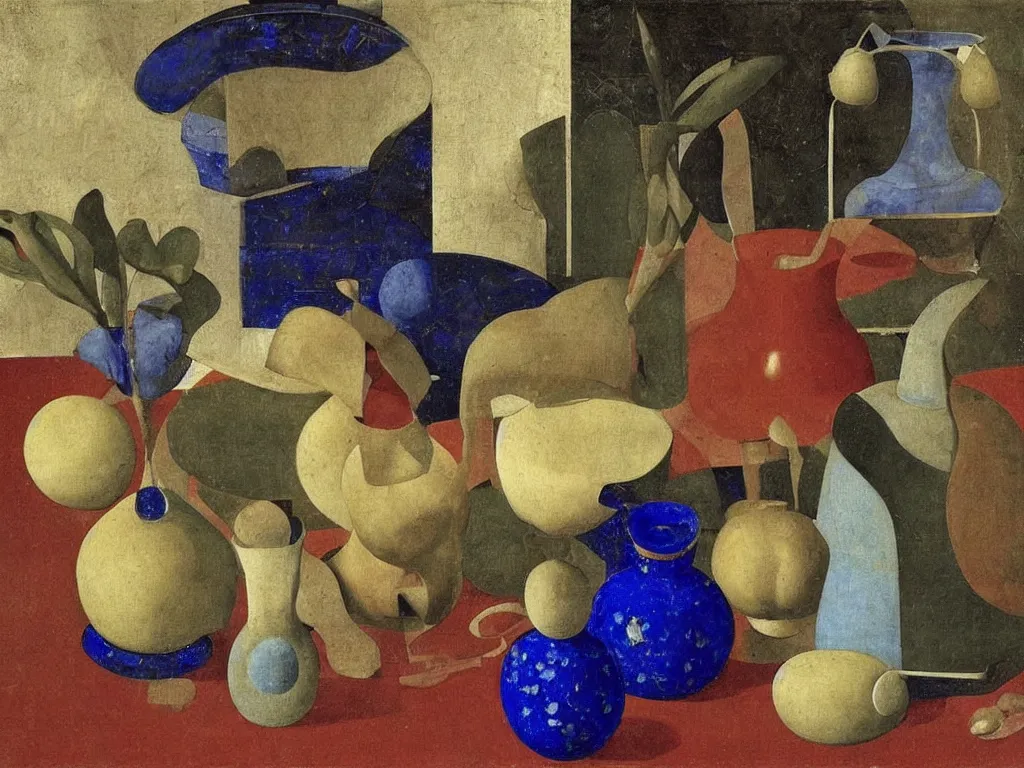 Image similar to still life with amphora, vase, seashell, orchid. lapis lazuli, malachite, cinnabar, gold. painting by piero della francesca, balthus, agnes pelton