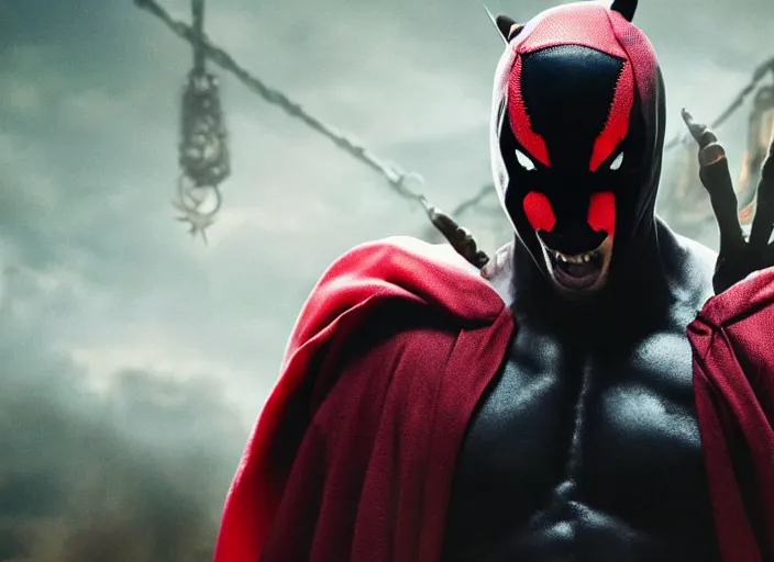Image similar to film still of michael b jordan as spawn in the new spawn movie, giant chains, large cape, 8 k