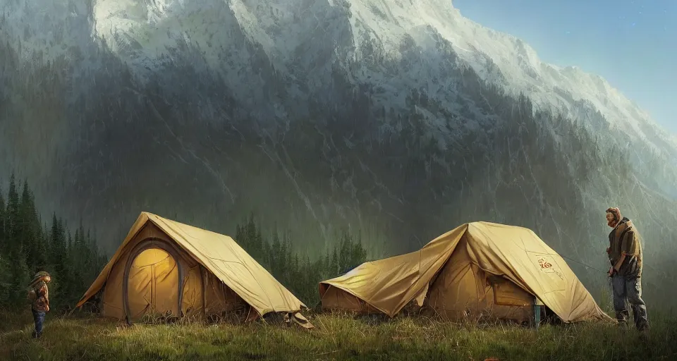 Image similar to cabela's beautiful comfortable carbon framed, modular insulated wall portable container home kit - house all weather family dwelling tent house, person in foreground, mountainous forested wilderness open fields, beautiful views, painterly concept art, environmental concept art, concept art illustration, by james gurney, by craig mullins, by greg rutkowski trending on artstation