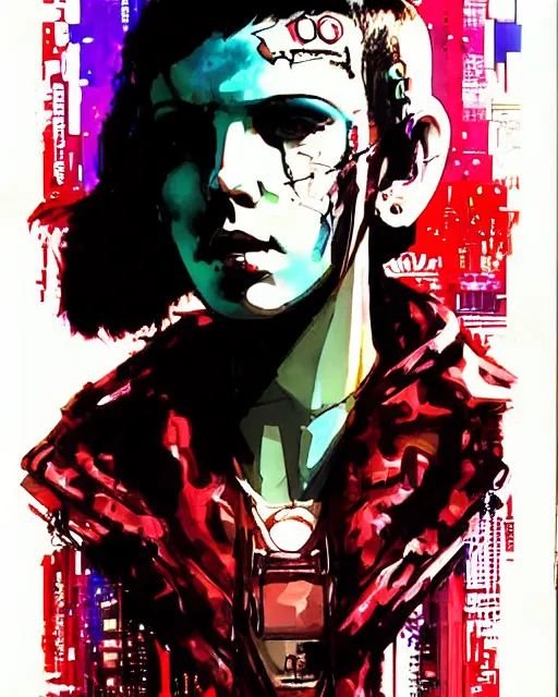 Prompt: cyberpunk millie bobby brown as a robot by yoji shinkawa