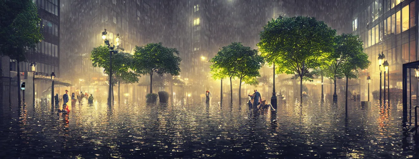 Image similar to raining night at flooded miniature new york city, emotion is on the rise on the town, cute style garden, octane render, trees, evergreen, patio, garden, wet atmosphere, tender, soft light misty yoshitaka amano, and artgerm, pixel art