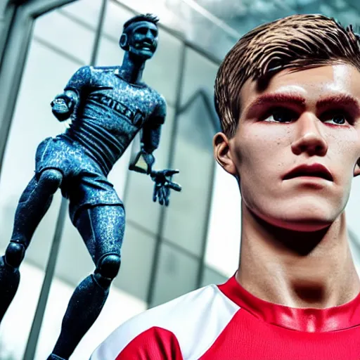 Image similar to a realistic detailed photo of a guy who is an attractive humanoid who is half robot and half humanoid, who is a male android, soccer player martin ødegaard, shiny skin, posing like a statue, blank stare, by the pool, on display, showing off his muscles, humanoid robot, frozen ice statue