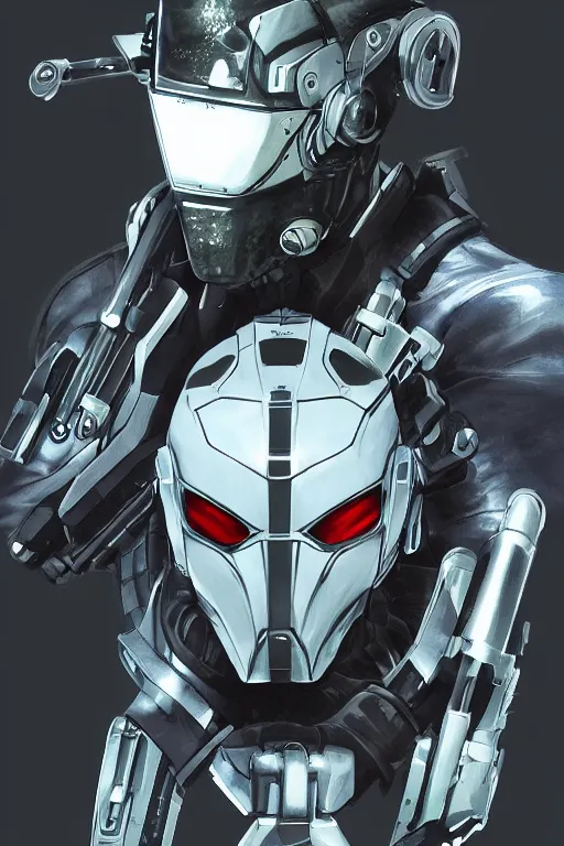 Image similar to cyber cyborg ninja mask helmet metal gear solid artic suit swat commando, global illumination ray tracing hdr fanart arstation by sung choi and eric pfeiffer and gabriel garza and casper konefal, a spectacular view cinematic rays of sunlight comic book illustration, by john kirby