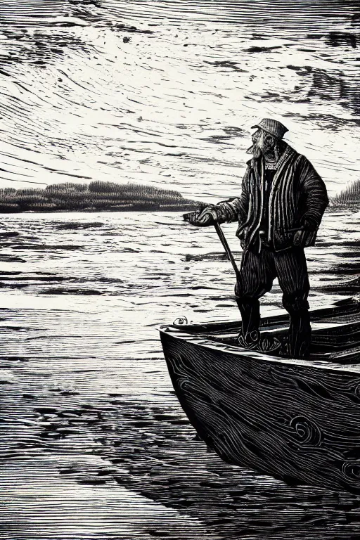 Image similar to a beautiful wood engraving on paper of an old fisherman by artist sue scullard, 8 k, frostbite 3 engine, cryengine, dof, trending on artstation, digital art, crepuscular ray