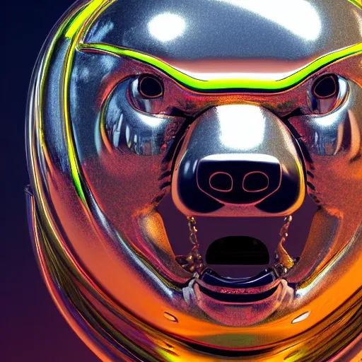 Image similar to chrome bear, glossy, metallic, neon, symmetrical, tribal patterns, realistic, unreal engine, octane, redshift, artstation, behance