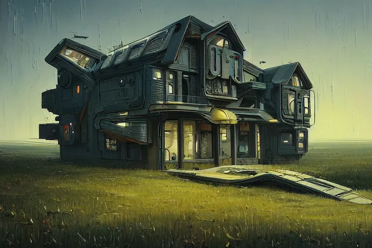 Image similar to beautiful painting of a futuristic house in the style of Simon Stålenhag and H. R. Giger, detailed, trending on Artstation