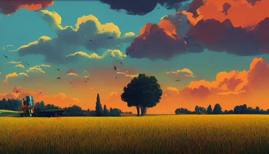 Image similar to colourful sky, wheat field, distant combine harvesters, big trees, matte painting, art station, digital art, simon stalenhag