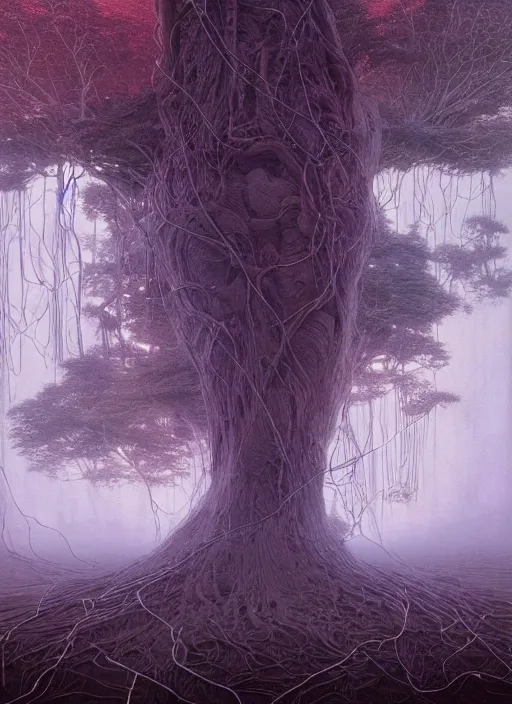 Prompt: A majestic tree, symmetrical, neon, RGB, glowing wires everywhere, pristine, by Edgar Maxence and Ross Tran, Zdzisław Beksiński, and Michael Whelan, distant, gustav dore, H.R. Giger, 8k, octane render