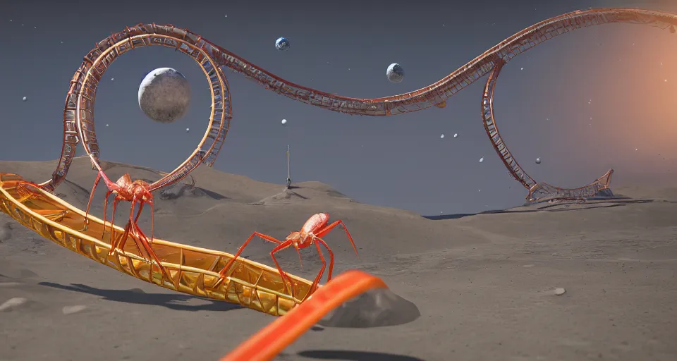 Prompt: A dancing shrimp riding a rollercoaster on the moon with the earth in the background, unreal 5, DAZ, hyperrealistic, octane render, dynamic lighting