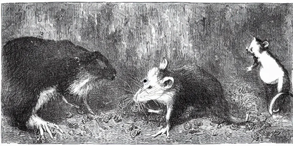 Prompt: third person view of a rat looking at a big cat, alice in wonderland book style, 1 8 9 0 s