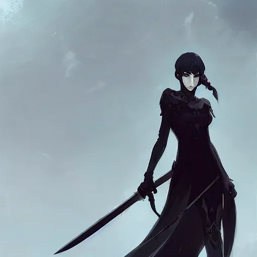 Image similar to female human vampire witch holding a sword, in the style of greg rutkowski, makoto shinkai, trending on artstation, character design, concept art, pretty face, forward facing, highly detailed, digital art, seed : 1 9 2 6 2 5 9 4 0 7