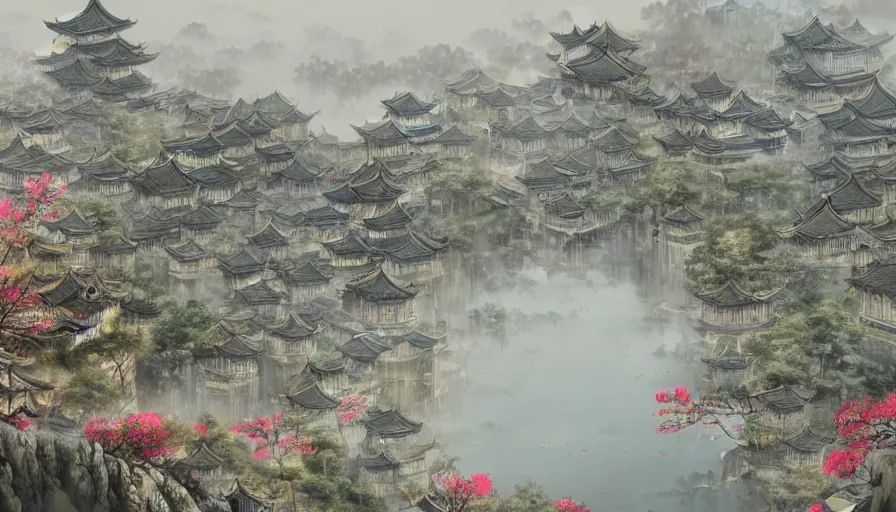 Image similar to magnificent city in ancient china in late spring, flowers will fade, some fog, realistic style, high details, scene concept., trending on artstation