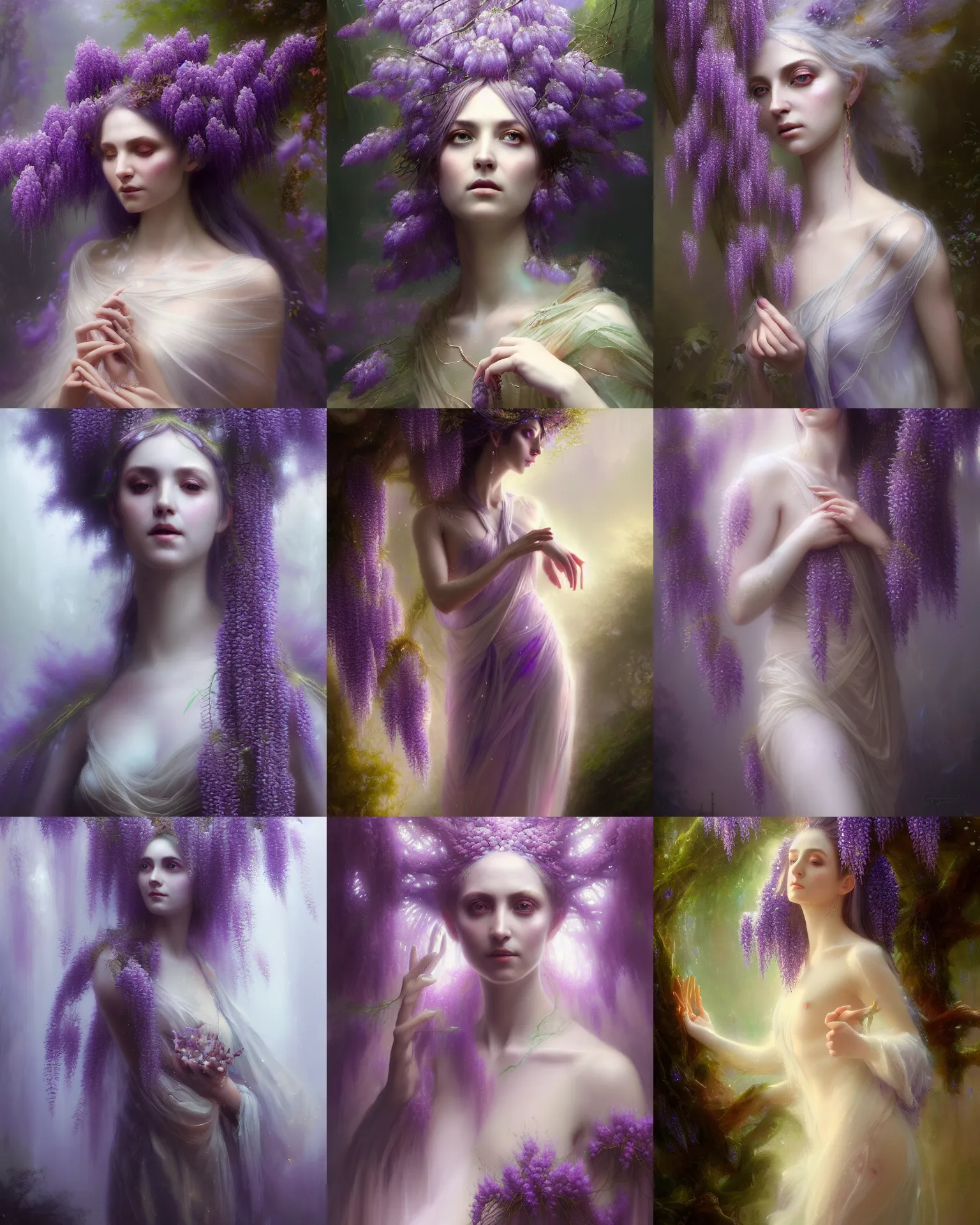 Prompt: Full View Portrait Mystical ethereal wisteria deity wearing beautiful dress, wisteria Dryad, 4k digital masterpiece by Greg Rutkowski and Ruan Jia and Alberto Seveso, fantasycore, Hyperdetailed, realistic oil on linen, soft lighting, Iconography background, featured on Artstation