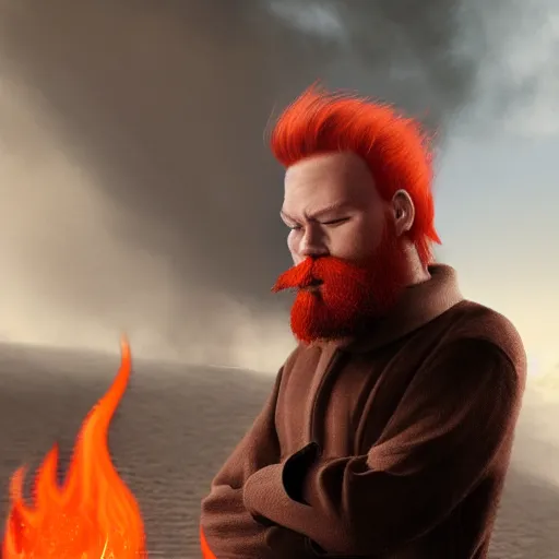 Image similar to red haired man with red beard, looking grumpy, wearing black coat, fire behind him, funny, fantasy artwork, fantastic artwork, 4 k, trending on artstation