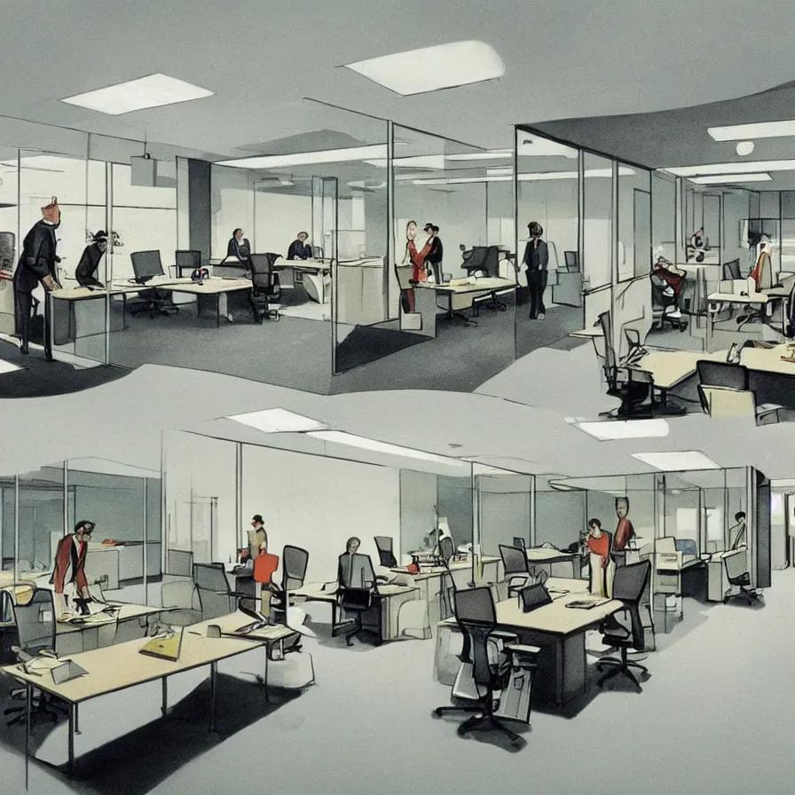 Prompt: concept art of severance indoor office scenario, in a film of jacques tati