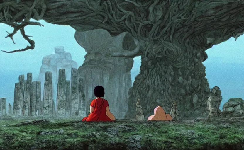 Image similar to movie still from princess mononoke ( 1 9 9 7 ) showing a highly detailed landscape with a giant long - haired buddha in lotus position with stonehenge in the background. 1 9 8 0 s science fiction, 1 9 7 0 s science fiction, cyberpunk, moody, misty, depth perception, 4 k, artstation