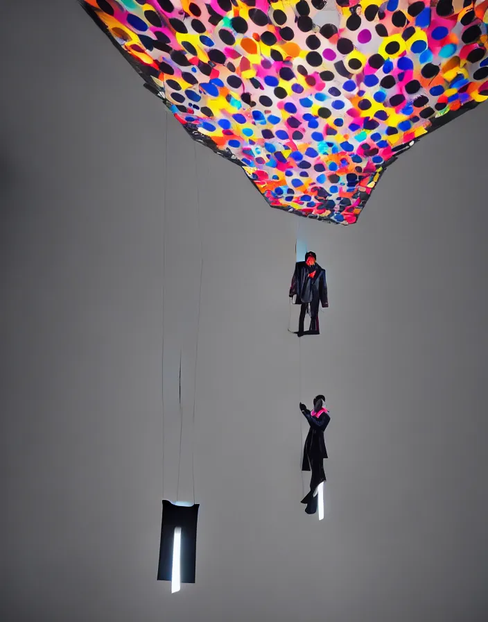 Image similar to high fashion close - up of a slick fashionable zara raincoat floating suspended mid - air over a wet rainy contemporary lighting art installation designed by olafur eliason, okuda, shot by steven meisel, denis villeneuve, wes anderson, lily frank, symmetry, rule of thirds