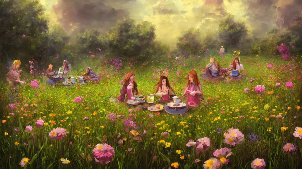 Prompt: a tea party in a field of flowers that ravages the landscape of an ancient civilization. by Ciryl Rolando, hyperrealistic illustration, digital art, studio lightning, art station