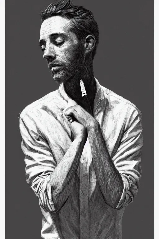 Prompt: hyperdetailed portrait of a man enjoying a cigarette, by nicholas delort, artstation, smooth, graphic black and white. intricate, elegant, central composition, golden ratio,