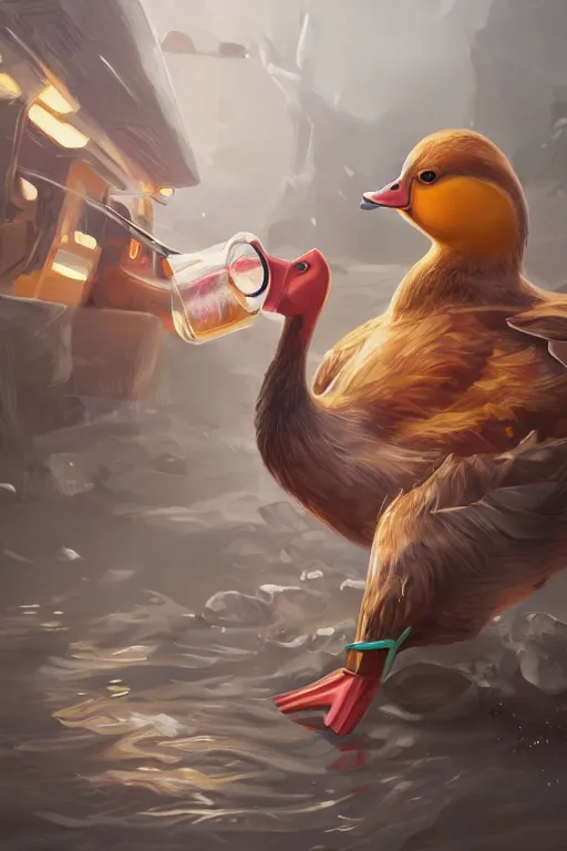 Image similar to duck drinks energy napiokmonstr energy, concept art, wlop, digital painting, trending on artstation, highly detailed, epic composition, official media, 8 k uhd