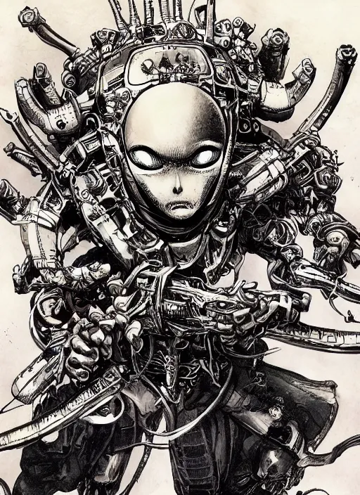 Image similar to a big headed alien with five arms holding revolvers, by takehiko inoue and kim jung gi and hiroya oku, masterpiece ink illustration