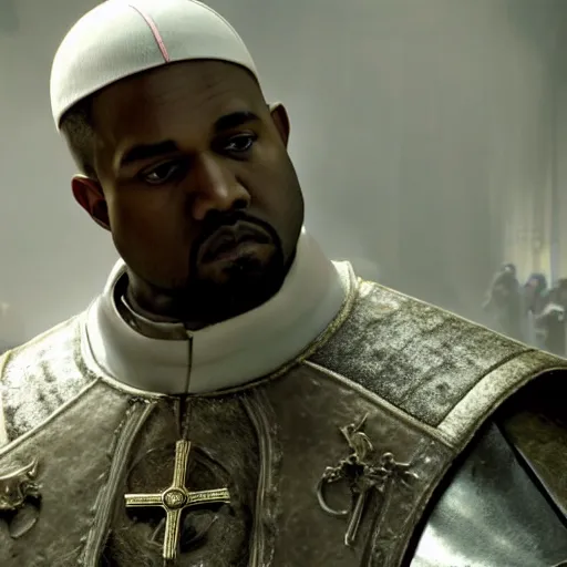 Prompt: saint kanye west as the pope pope in the vatican ( gears of war battlefield 5 ), splash art, movie still, cinematic lighting, dramatic, detailed face, octane render, long lens, shallow depth of field, bokeh, anamorphic lens flare, 8 k, hyper detailed, 3 5 mm film grain