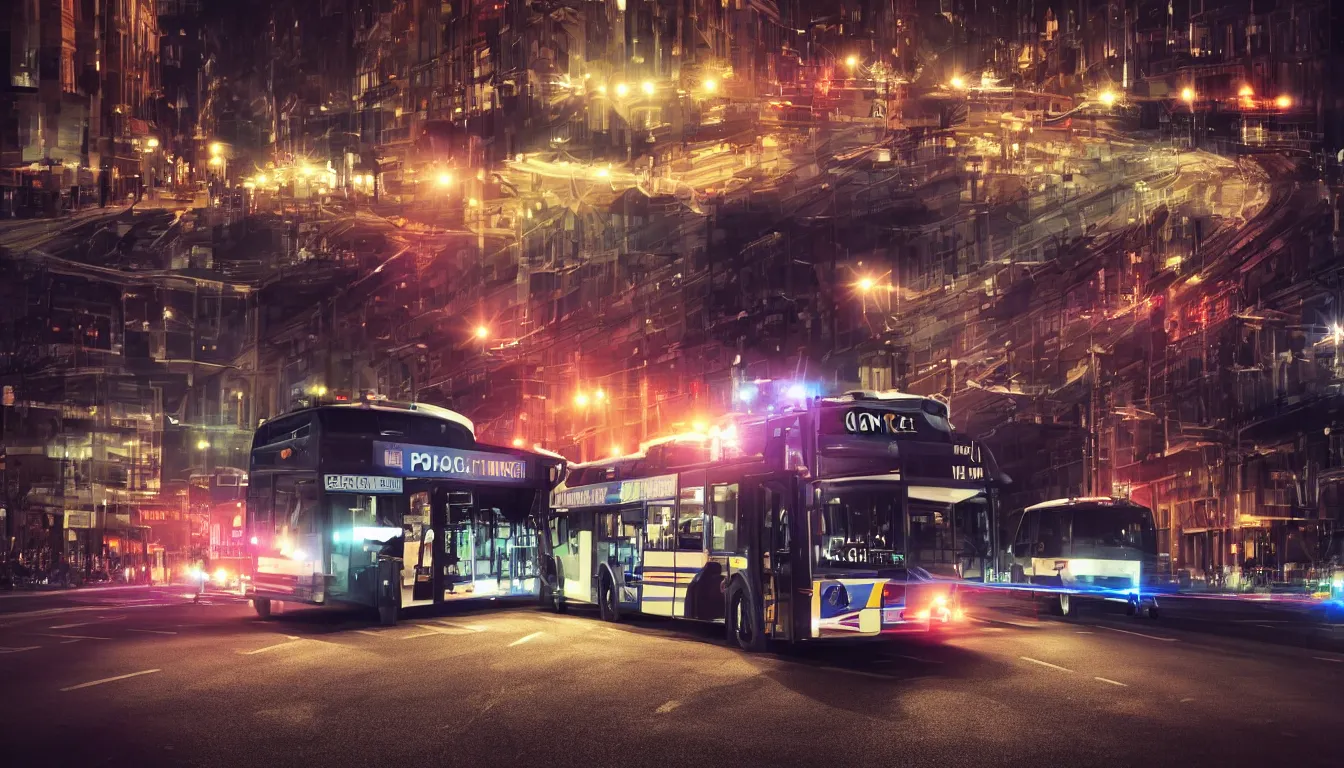 Image similar to Police Bus at night with lights on, photorealistic, cinematic