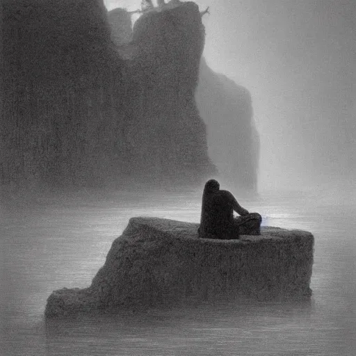 Image similar to a man sits at the edge of a river in the underworld in hades as he waits for the ferryman, charon, greek mythology, beksinski