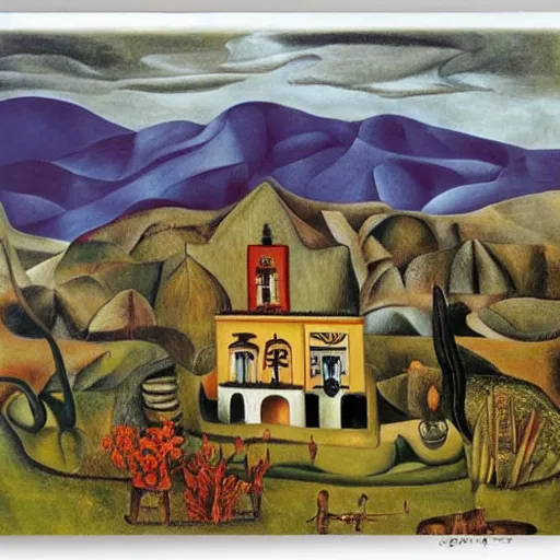 Prompt: a building in a stunning landscape by frida kahlo