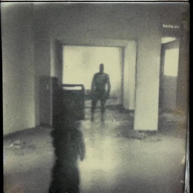 Image similar to found polaroid photo, flash, interior abandoned hospital, mutant creature standing