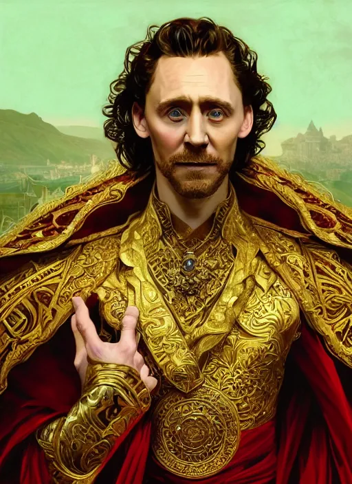 Image similar to portrait of tom hiddleston as a lord, crimson peek, jewelry, greek, emerald, intricate, headshot, highly detailed, digital painting, artstation, concept art, sharp focus, cinematic lighting, illustration, art by artgerm and greg rutkowski, alphonse mucha, cgsociety