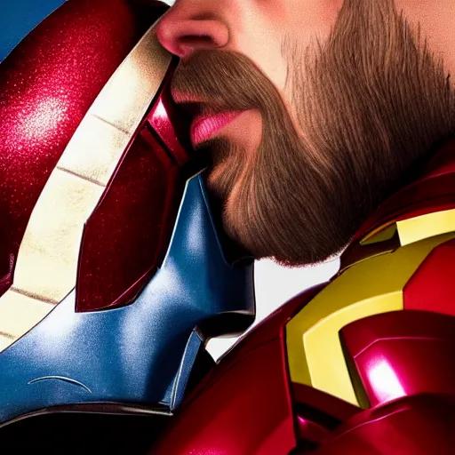 Prompt: A close-up studio photographic portrait of Captain American kissing Iron Man