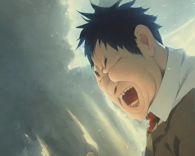 Prompt: a 50 year old brunnete happy chinese man with puffy cheeks bursting in tears on the floor, close up shot, anime art, Greg Rutkowski, studio ghibli, dramatic lighting