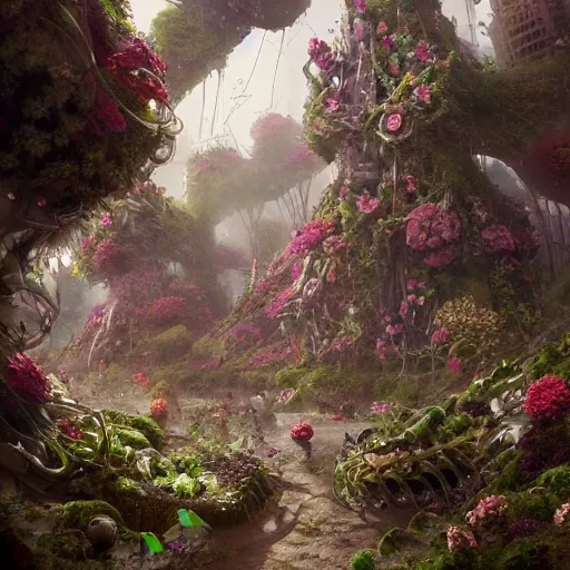 Prompt: intricate bio - mechanical flowers intertwined with human bio - mechanical organs, intricate environment, matte painting, cinematic, epic composition, highly detailed, atmospheric, wide angle, artstation trending