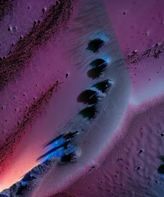 Image similar to An incredible matte photograph of an alien landscape taken from a satellite looking straight down, Nikon D5 Sigma 50–500mm lens, ambient occlusion, volumetric lighting, rtx ray tracing, unreal engine, psychedelic colors, by Vadim Sadovski artstation, Lighting by Charly Vanlaere artstation