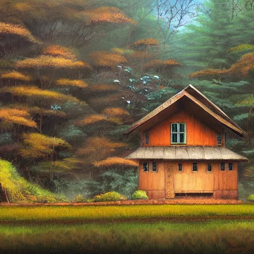 Prompt: a beautiful painting of house in forest,by Miyazaki Hayao