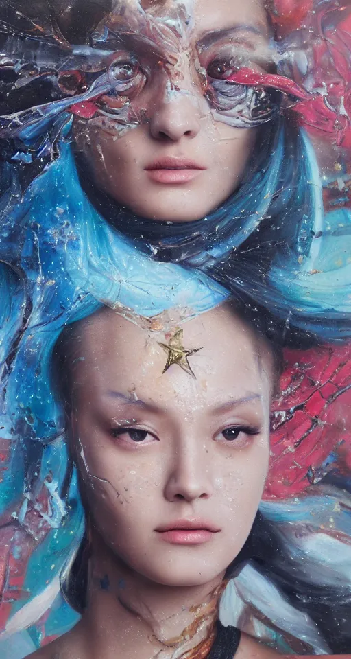 Prompt: hyperrealism oil painting, close-up portrait of assasin fashion model, melted cyborg, ocean pattern mixed with star sky, in style of classicism mixed with 70s japan book art