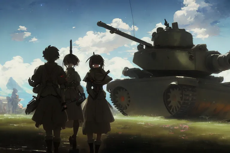 Prompt: baroque oil painting of anime key visual concept art of anime maid soldiers sat inside a tank on the battlefront, official art, trending on artstation, palette knife and brush strokes, oil on canvas, style of makoto shinkai greg rutkowski studio ghibli
