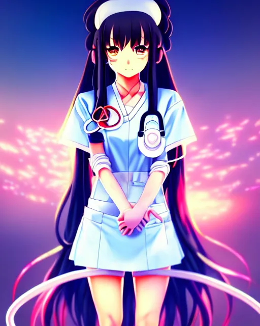 Image similar to anime style, vivid, expressive, full body, 4 k, painting, a cute magical girl with a long wavy black hair wearing a nurse outfit, stunning, realistic light and shadow effects, centered, simple background, studio ghibly makoto shinkai yuji yamaguchi