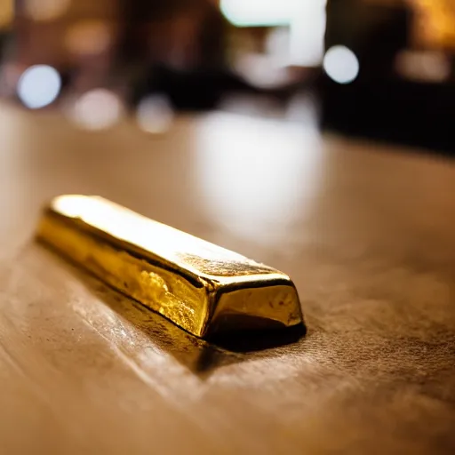 Image similar to a solid gold bar on a cafe table on a sunny day, f / 1. 9 6. 8 1 mm iso 4 0