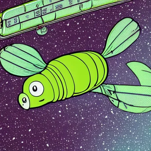 Image similar to a cute green caterpillar spinning a chrysalis inside a space station, sci-fi illustration