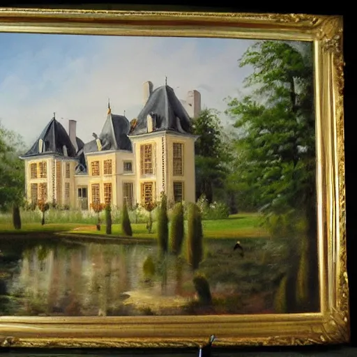 Prompt: an incredible oil painting of a french chateau, concept art, with a french garden, trending on deviantart