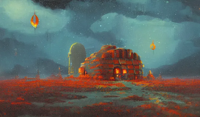 Prompt: A serene landscape with a singular building in the style of Paul Lehr.