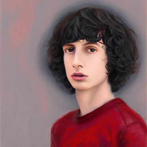 Prompt: a portrait of finn wolfhard as a drone, red, oil painting, pale colors, high detail, 8 k, wide angle, trending on artstation,