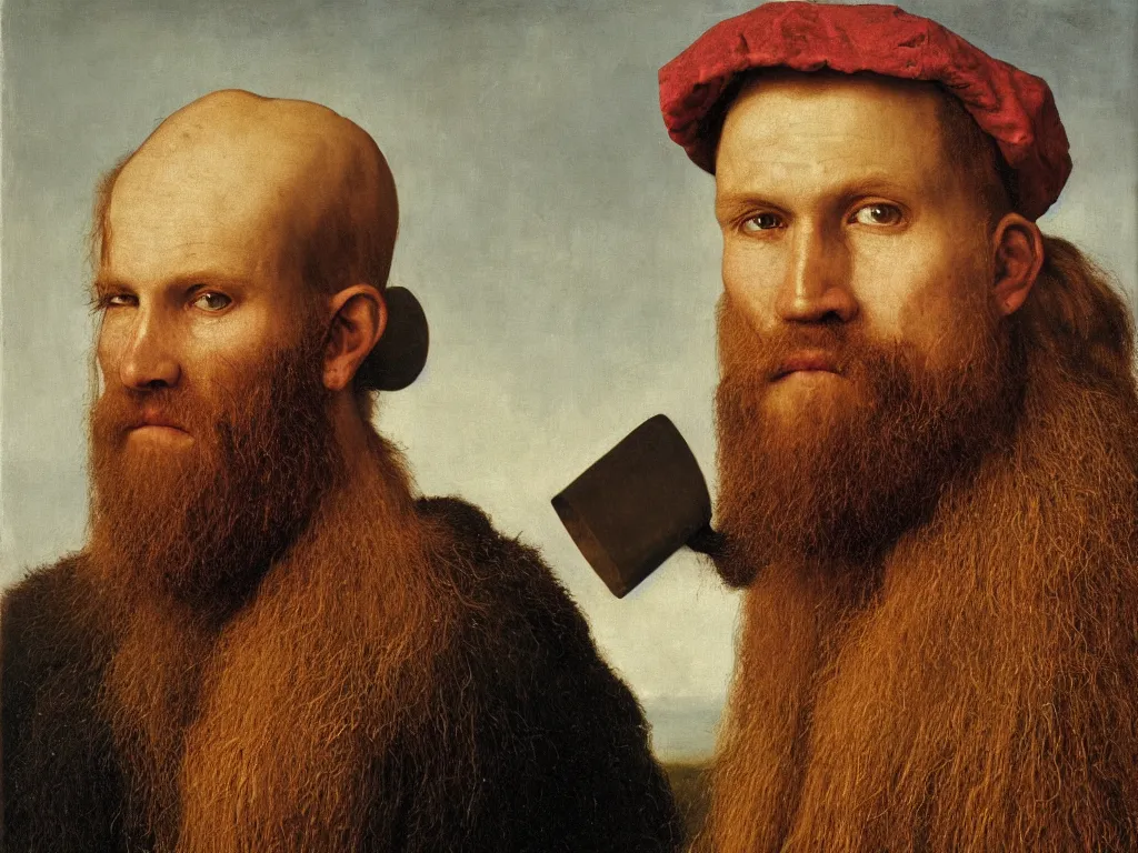 Image similar to portrait of bearded, defiant, sunburned lumberjack. Painting by Jan van Eyck, August Sander.